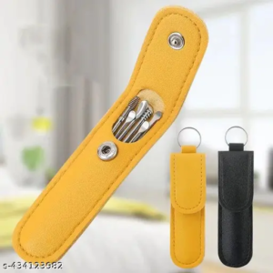 6 in 1 stainless steel earwax removal kit with yellow leather case – reusable ear cleaner set